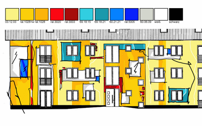 bunter entwurf für eine fassadenmalerei, architektenentwurf